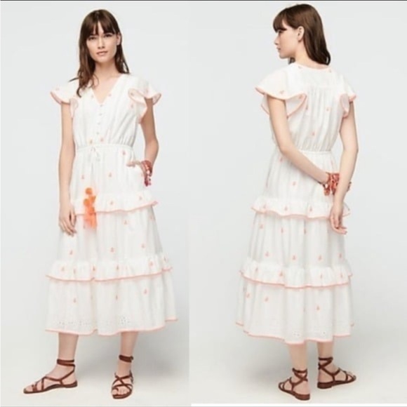 J CREW White & neon Orange Embroidered Cotton Voile Tiered Pom Pom 4 - Picture 1 of 9